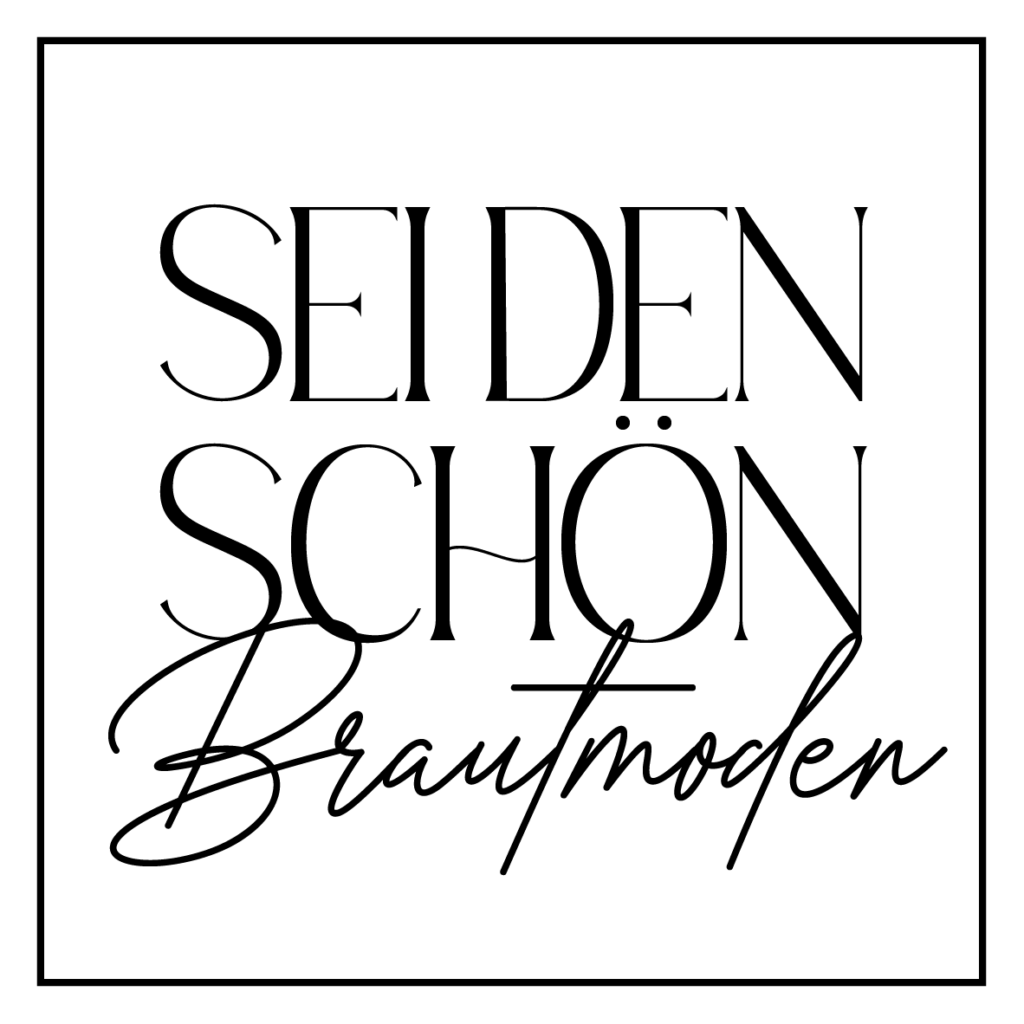 Der Schriftzug „SEI DEN SCHÖN Brautmoden“ in eleganten Serifen- und Schreibschriften auf weißem Hintergrund mit schwarzem Rand vermittelt die zeitlose Eleganz eines Brautmodengeschäfts, das sich ganz der Braut auf der Suche nach ihrem perfekten Brautkleid widmet.